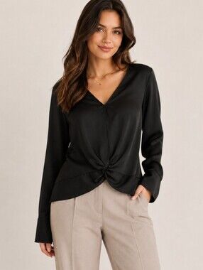 Express Black Satin Twist Front V-Neck Blouse Size Large